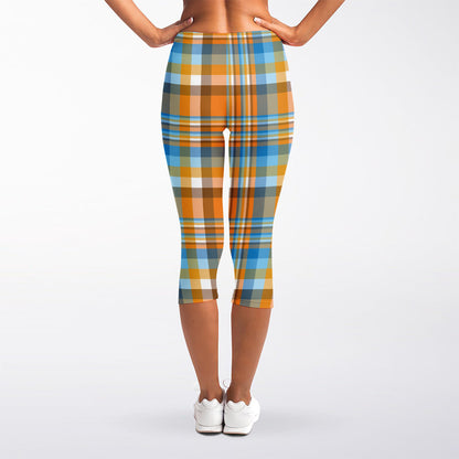 Orange And Blue Madras Pattern Print Women's Capri Leggings