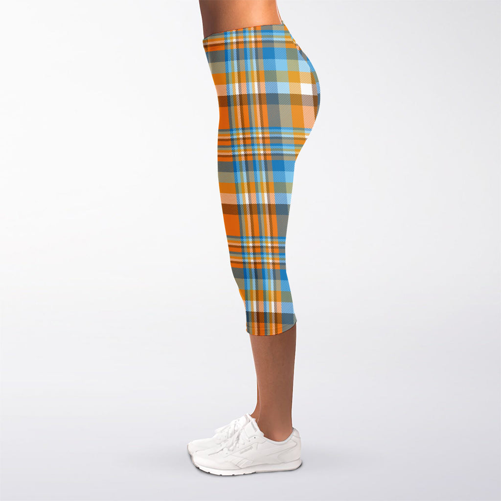 Orange And Blue Madras Pattern Print Women's Capri Leggings