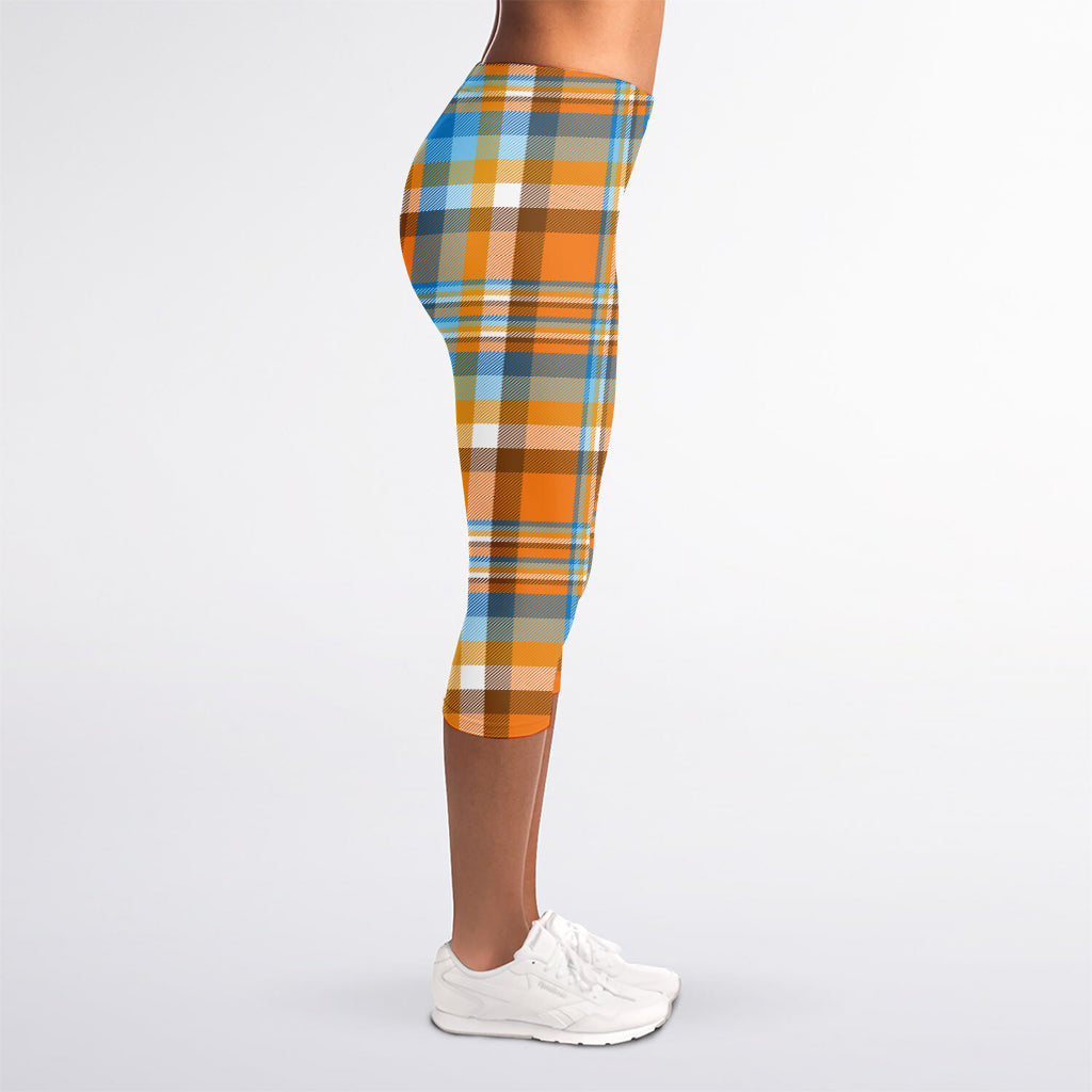 Orange And Blue Madras Pattern Print Women's Capri Leggings