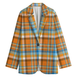 Orange And Blue Madras Pattern Print Women's Cotton Blazer