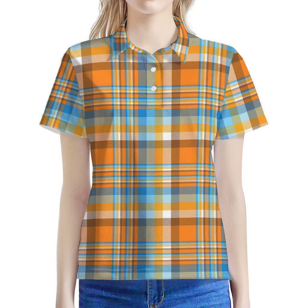 Orange And Blue Madras Pattern Print Women's Polo Shirt