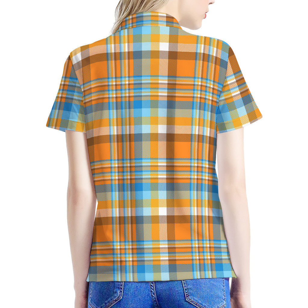Orange And Blue Madras Pattern Print Women's Polo Shirt