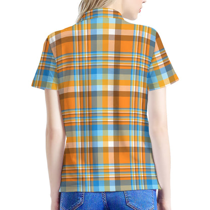 Orange And Blue Madras Pattern Print Women's Polo Shirt