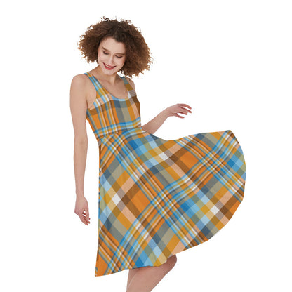 Orange And Blue Madras Pattern Print Women's Sleeveless Dress