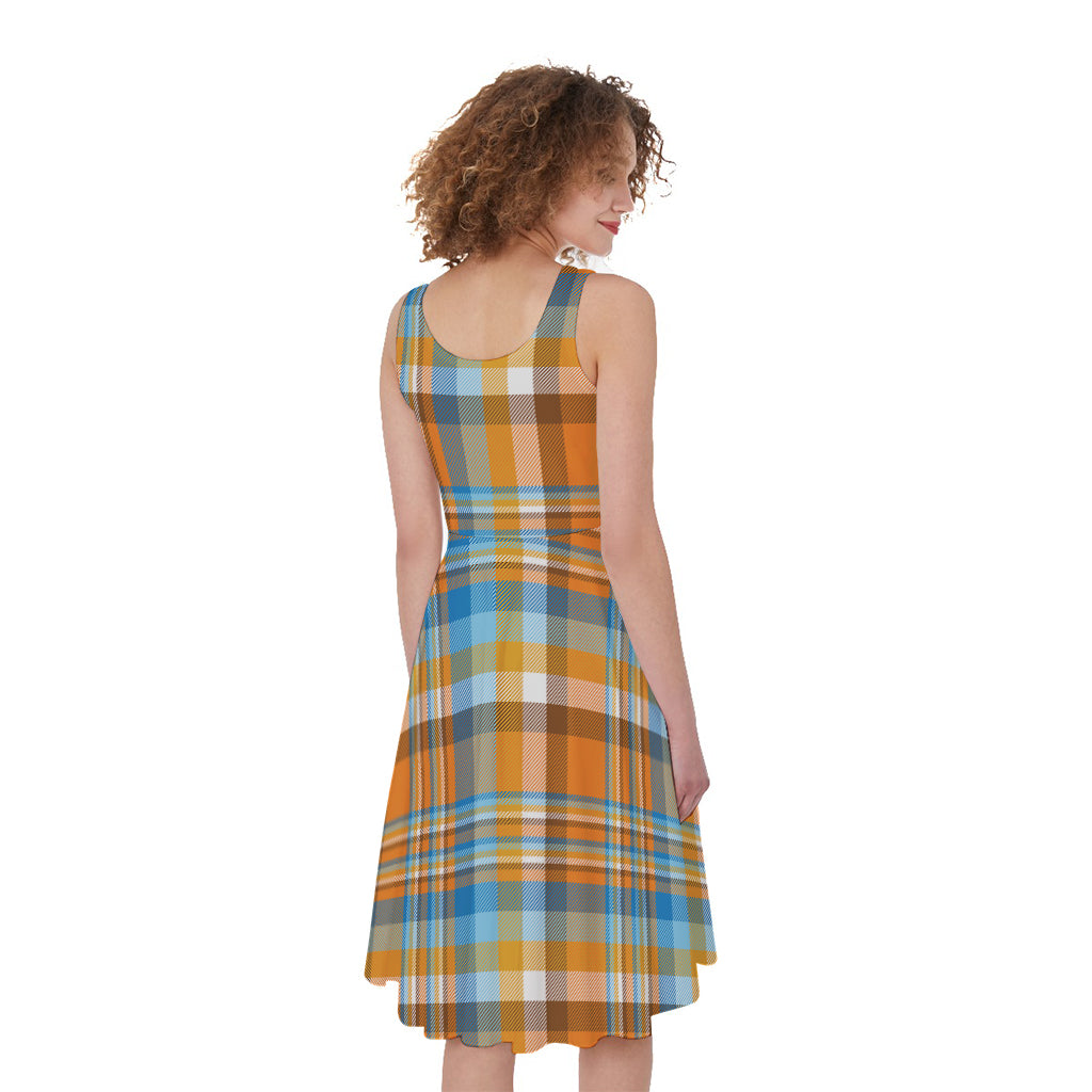 Orange And Blue Madras Pattern Print Women's Sleeveless Dress