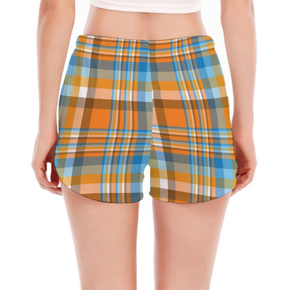 Orange And Blue Madras Pattern Print Women's Split Running Shorts