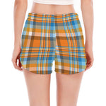 Orange And Blue Madras Pattern Print Women's Split Running Shorts