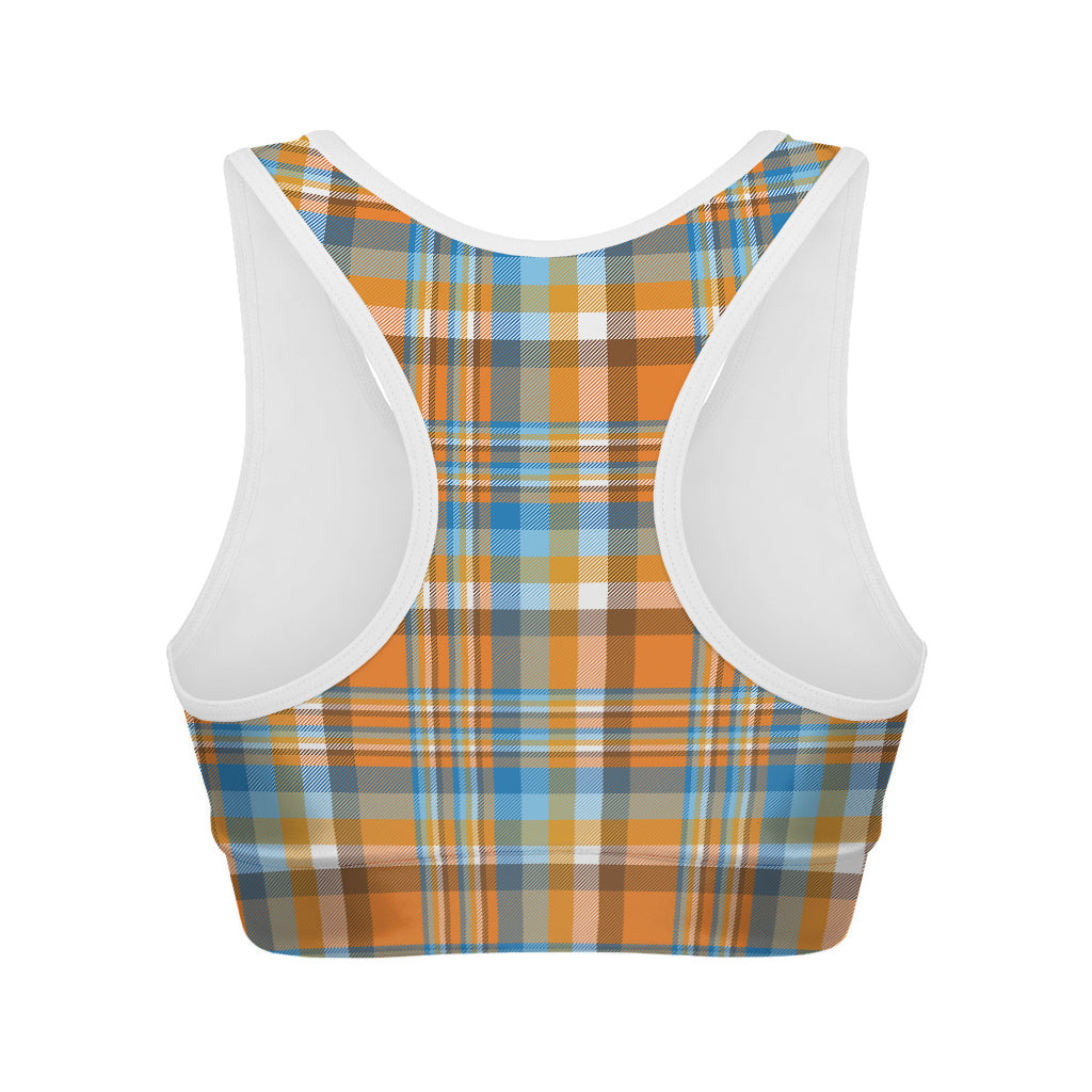 Orange And Blue Madras Pattern Print Women's Sports Bra