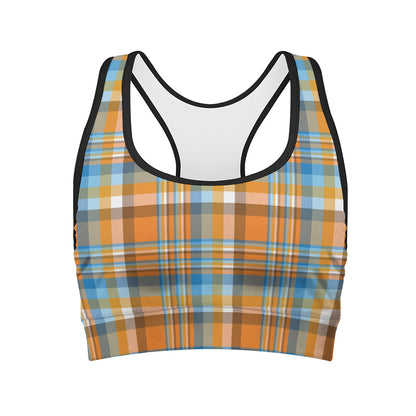 Orange And Blue Madras Pattern Print Women's Sports Bra