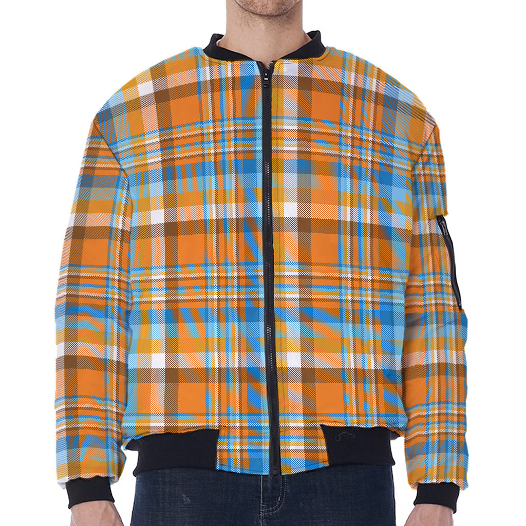 Orange And Blue Madras Pattern Print Zip Sleeve Bomber Jacket