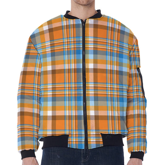Orange And Blue Madras Pattern Print Zip Sleeve Bomber Jacket