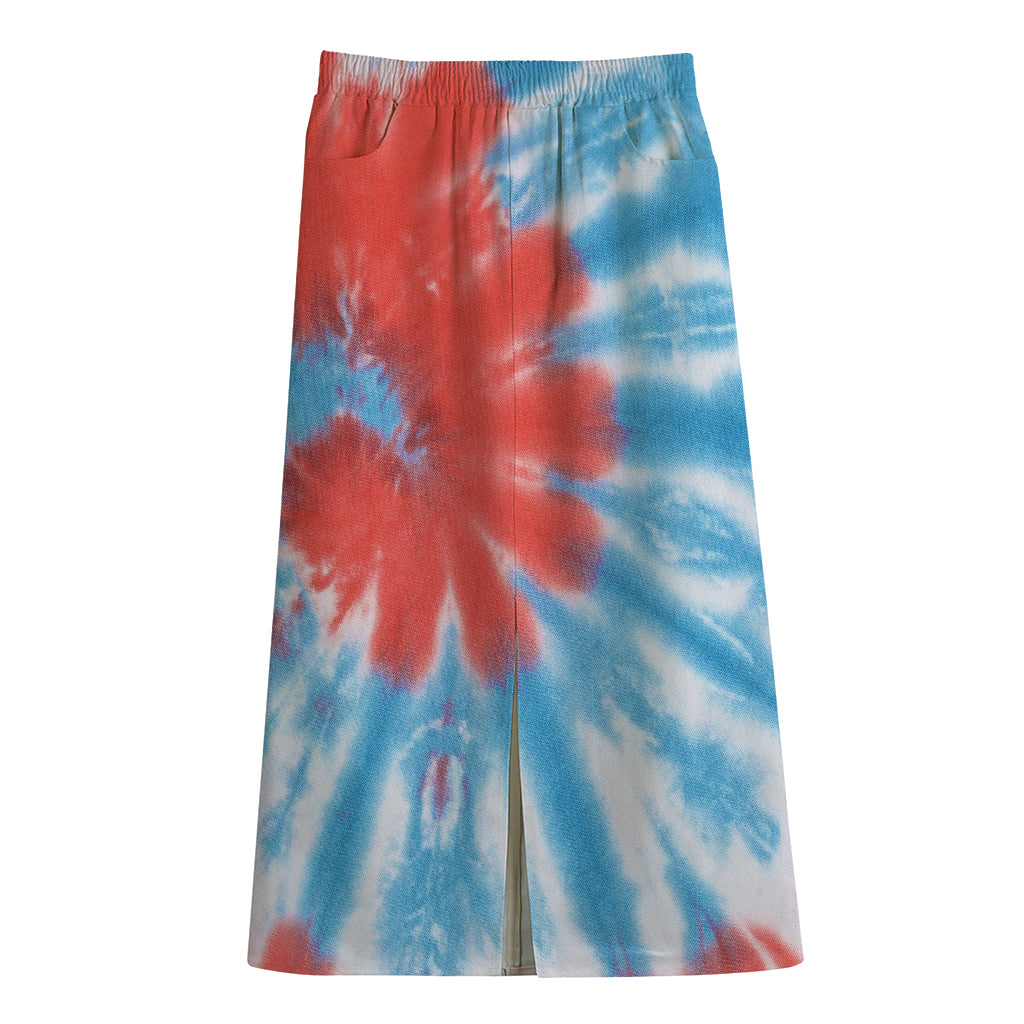 Orange And Blue Tie Dye Print Cotton Front Slit Maxi Skirt