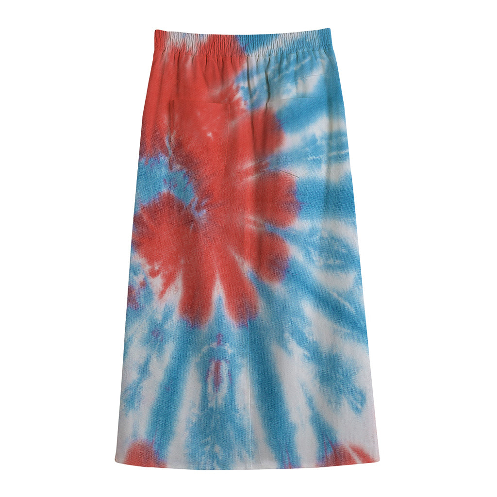 Orange And Blue Tie Dye Print Cotton Front Slit Maxi Skirt
