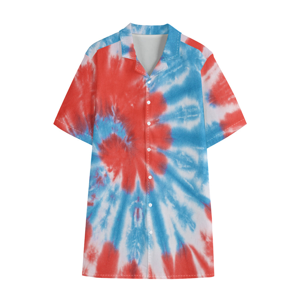 Orange And Blue Tie Dye Print Cotton Hawaiian Shirt