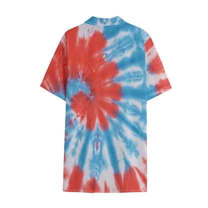 Orange And Blue Tie Dye Print Cotton Hawaiian Shirt