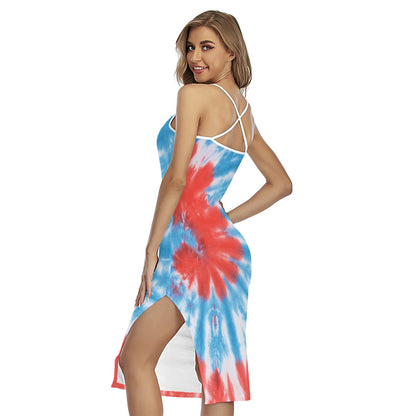 Orange And Blue Tie Dye Print Cross Back Cami Dress