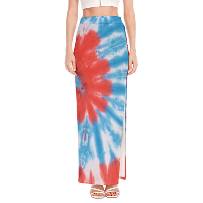 Orange And Blue Tie Dye Print High Slit Maxi Skirt