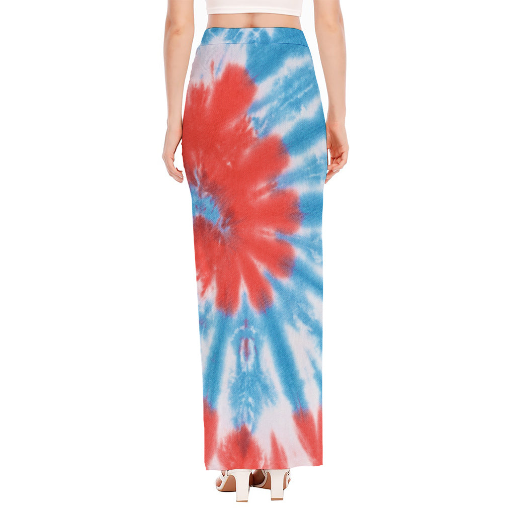Orange And Blue Tie Dye Print High Slit Maxi Skirt