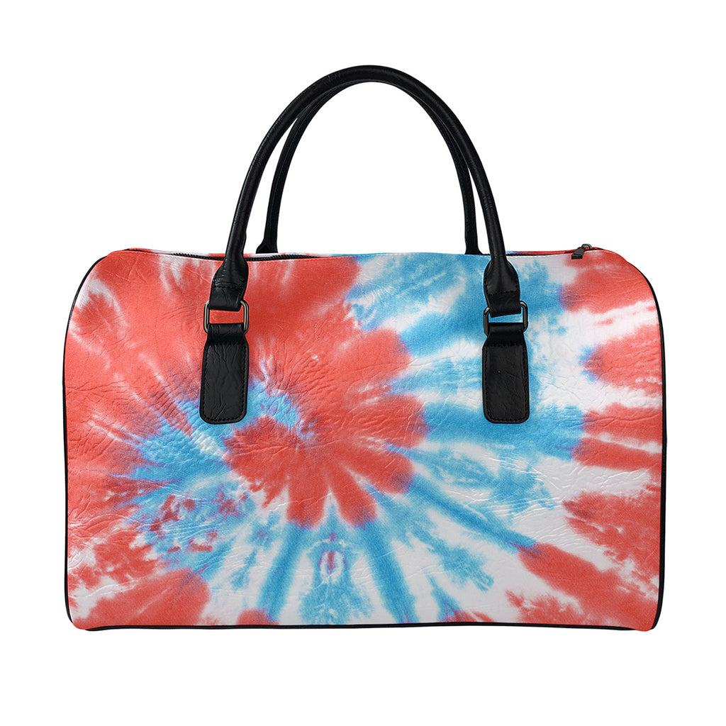 Orange And Blue Tie Dye Print Leather Duffle Bag