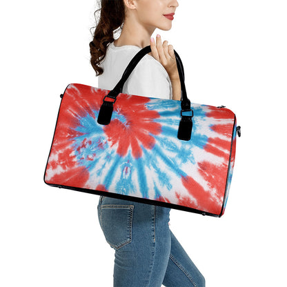 Orange And Blue Tie Dye Print Leather Duffle Bag