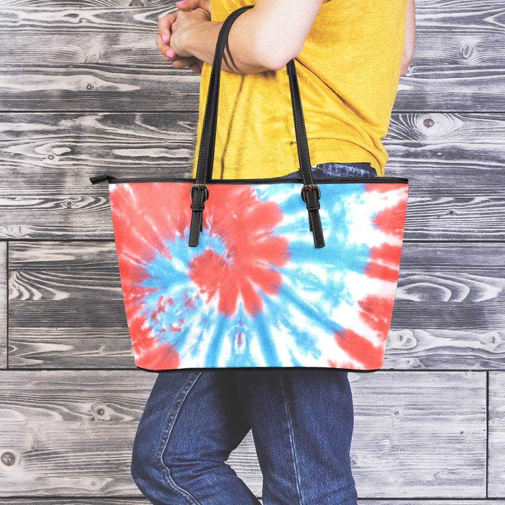 Orange And Blue Tie Dye Print Leather Tote Bag