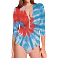 Orange And Blue Tie Dye Print Long Sleeve Swimsuit
