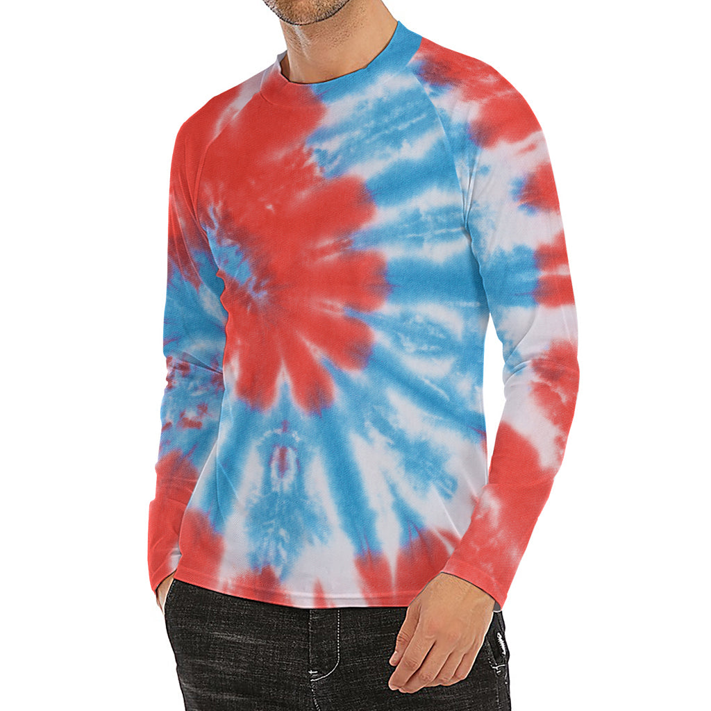 Orange And Blue Tie Dye Print Men's Long Sleeve Rash Guard
