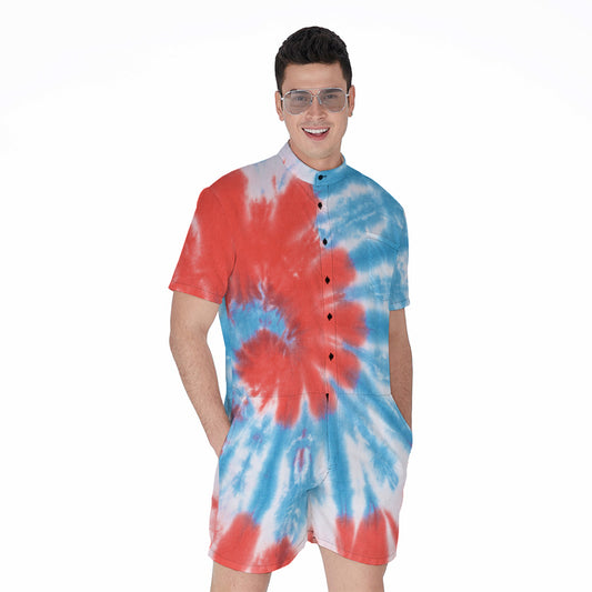 Orange And Blue Tie Dye Print Men's Rompers