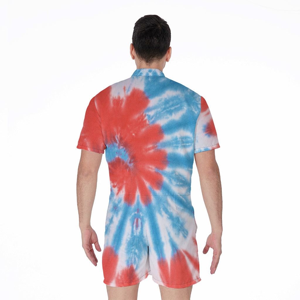 Orange And Blue Tie Dye Print Men's Rompers
