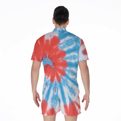 Orange And Blue Tie Dye Print Men's Rompers