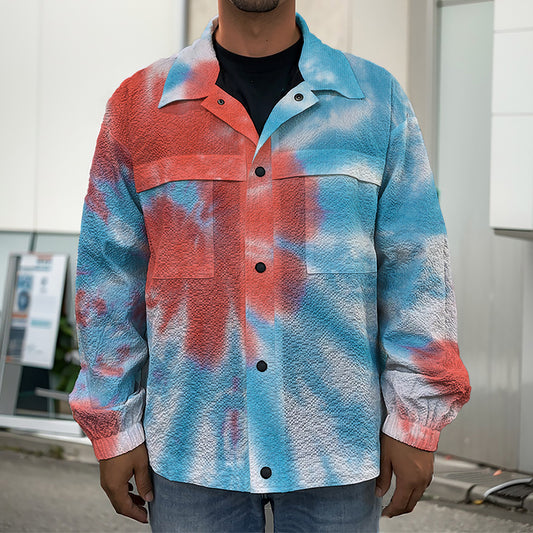 Orange And Blue Tie Dye Print Men's Shirt Jacket