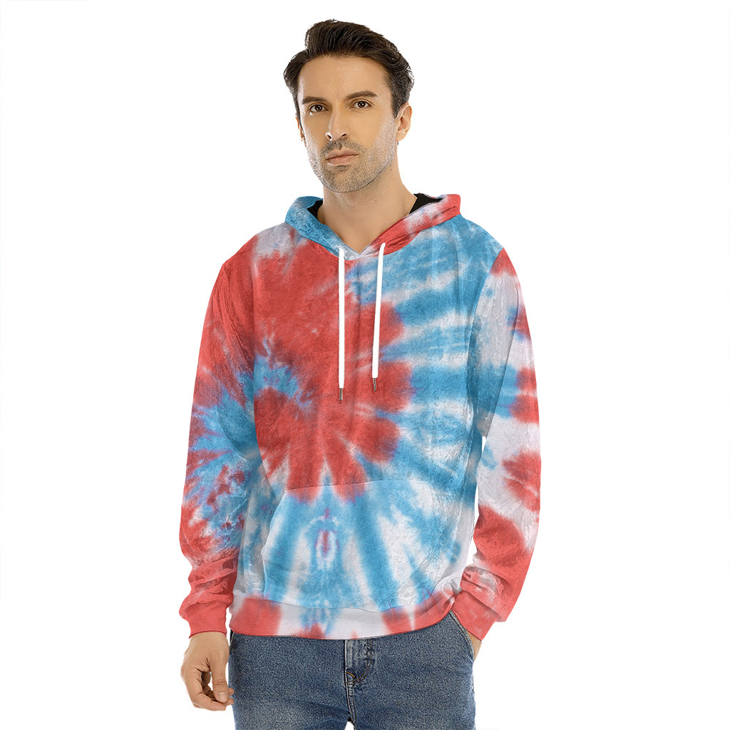 Orange And Blue Tie Dye Print Men's Velvet Pullover Hoodie