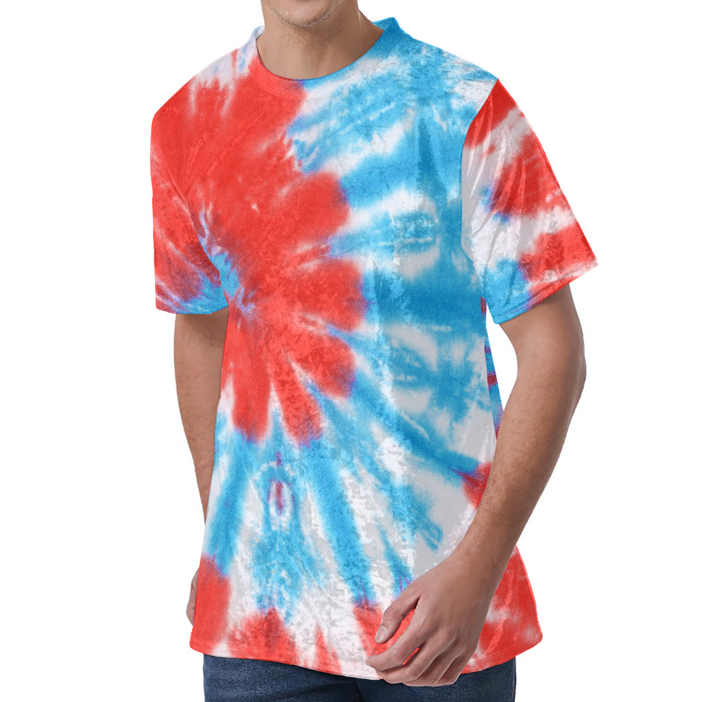 Orange And Blue Tie Dye Print Men's Velvet T-Shirt