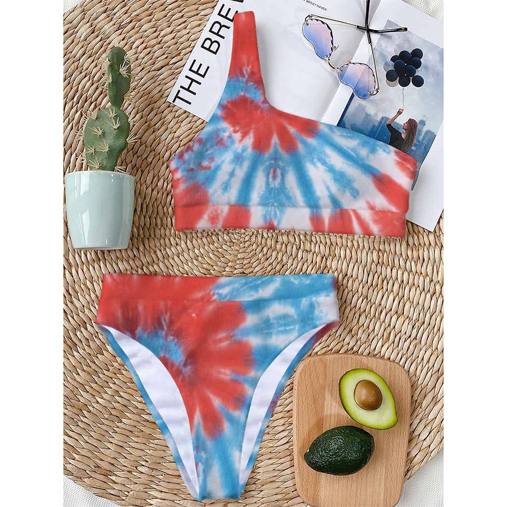 Orange And Blue Tie Dye Print One Shoulder Bikini Top