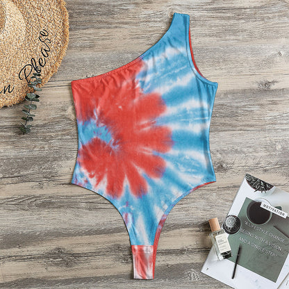 Orange And Blue Tie Dye Print One Shoulder Bodysuit