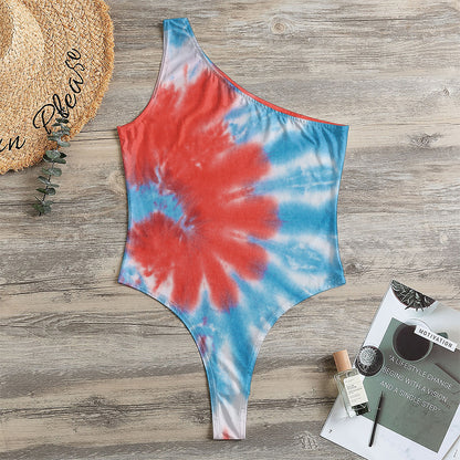 Orange And Blue Tie Dye Print One Shoulder Bodysuit