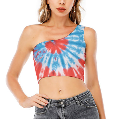 Orange And Blue Tie Dye Print One Shoulder Crop Top