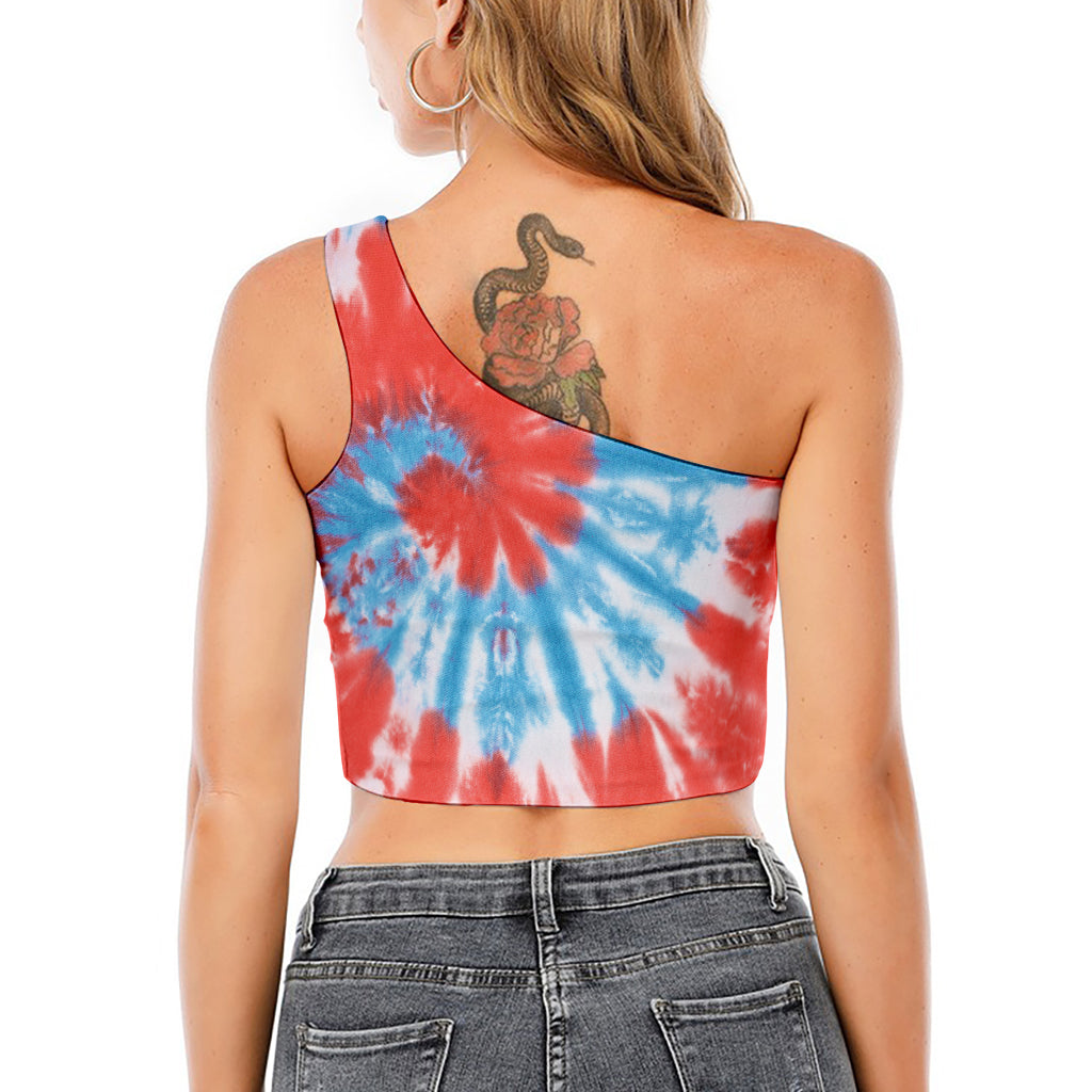 Orange And Blue Tie Dye Print One Shoulder Crop Top