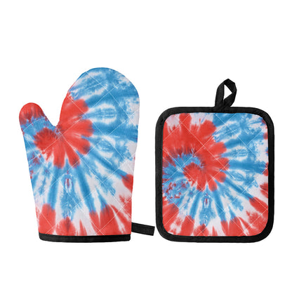 Orange And Blue Tie Dye Print Oven Mitt And Pot Holder Set