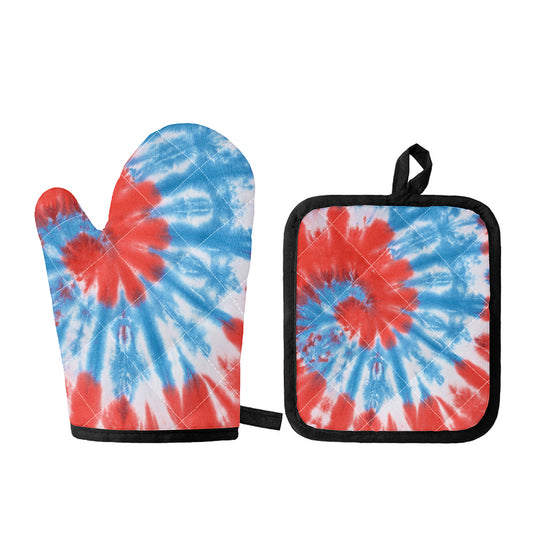 Orange And Blue Tie Dye Print Oven Mitt And Pot Holder Set