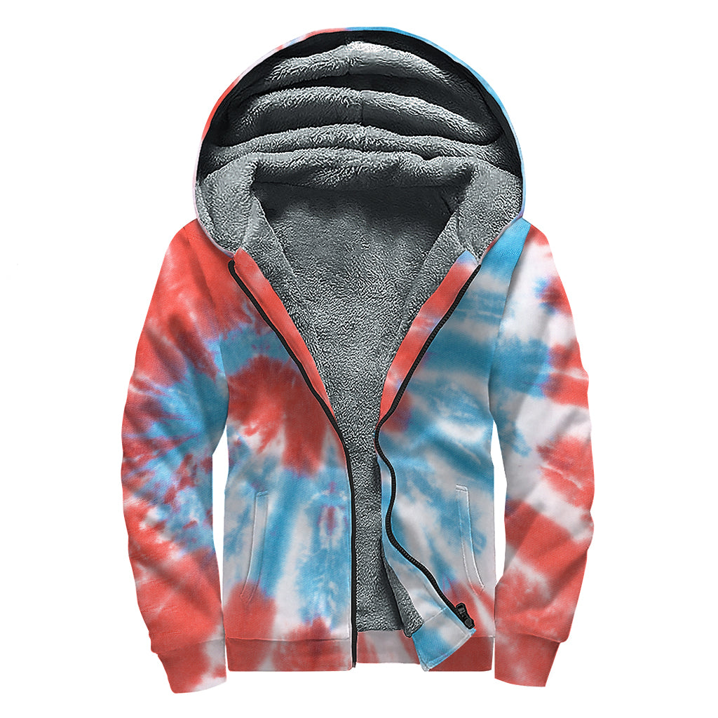 Orange And Blue Tie Dye Print Sherpa Lined Zip Up Hoodie