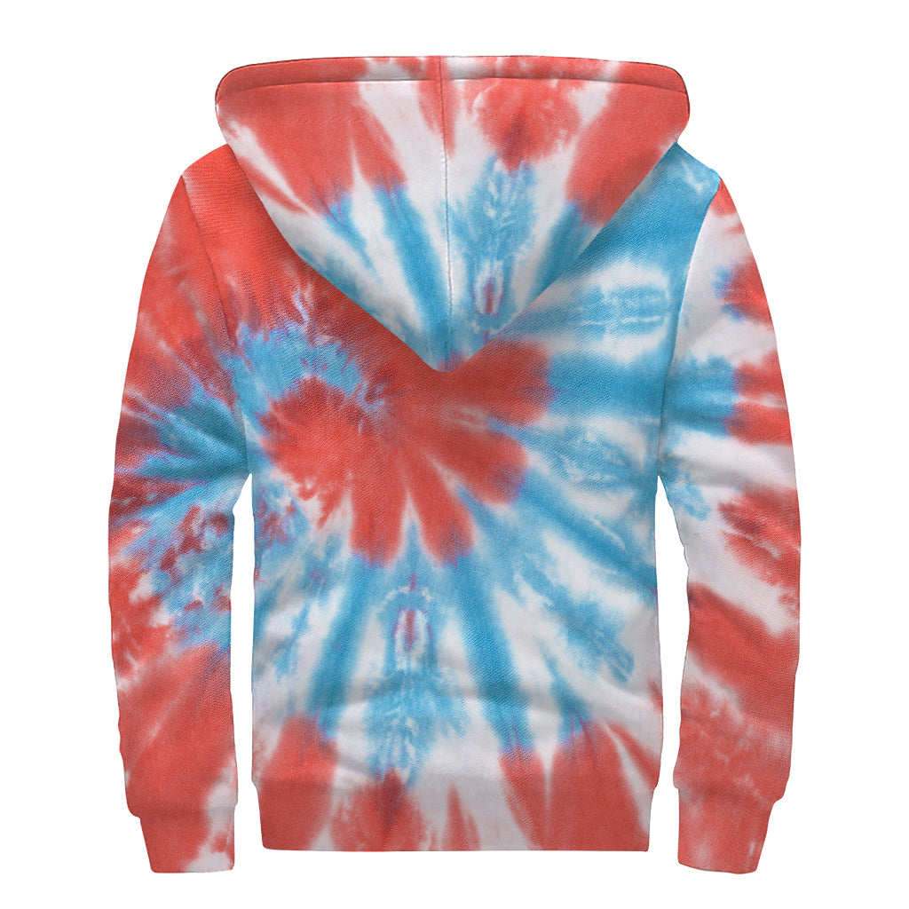 Orange And Blue Tie Dye Print Sherpa Lined Zip Up Hoodie