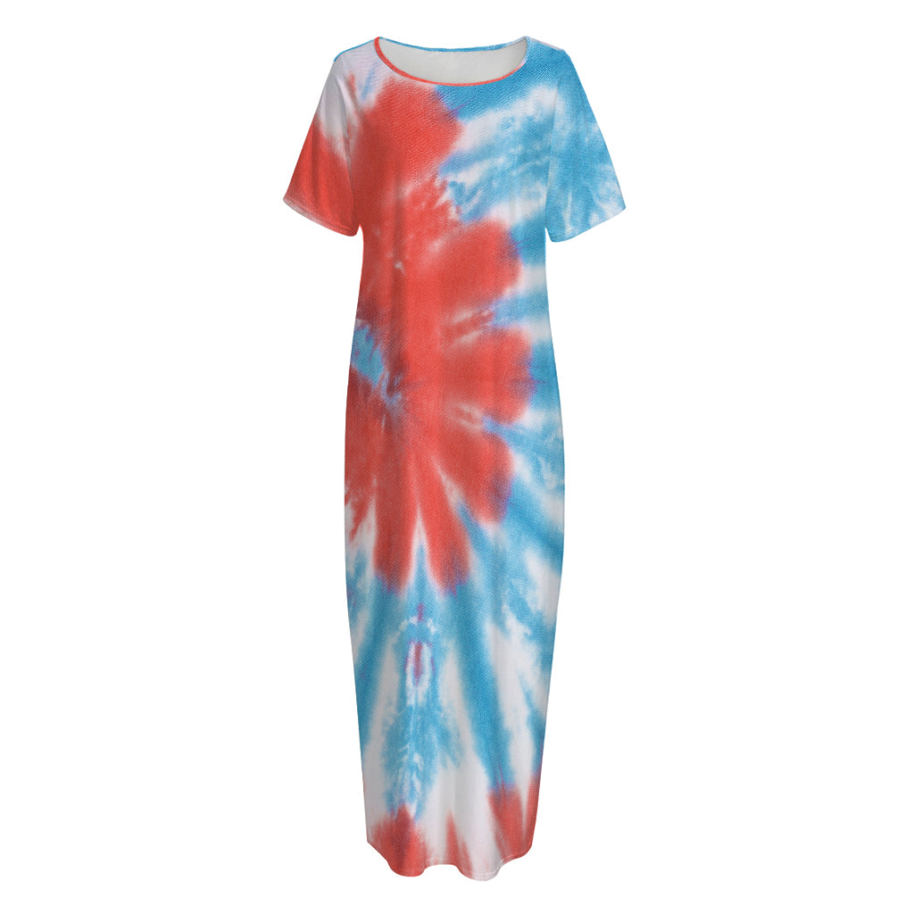 Orange And Blue Tie Dye Print Short Sleeve Long Nightdress