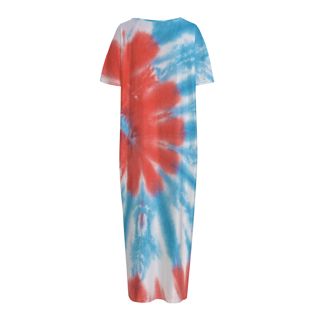 Orange And Blue Tie Dye Print Short Sleeve Long Nightdress