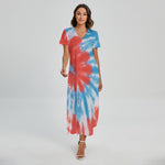 Orange And Blue Tie Dye Print Short Sleeve Maxi Dress