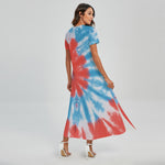 Orange And Blue Tie Dye Print Short Sleeve Maxi Dress