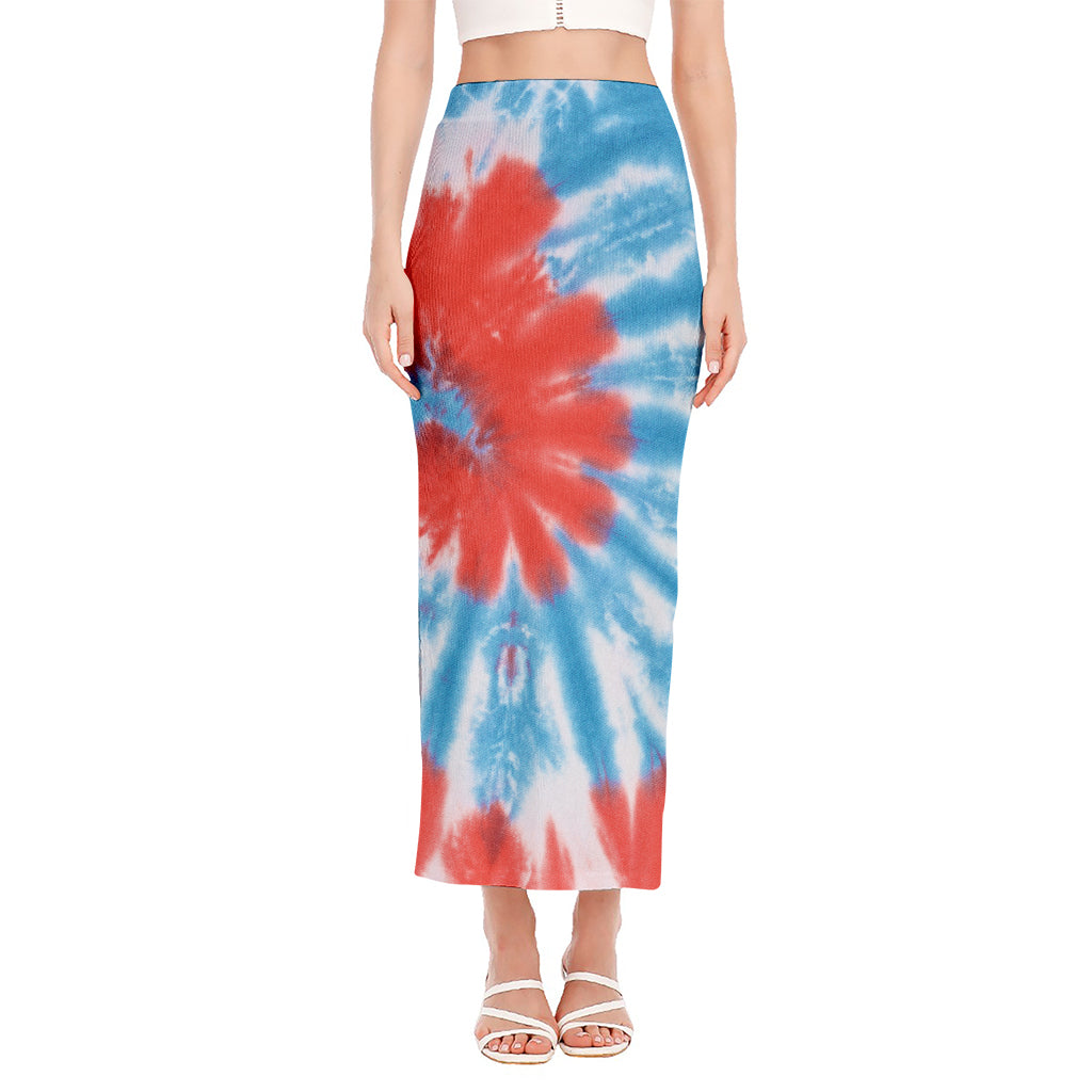 Orange And Blue Tie Dye Print Side Slit Maxi Skirt
