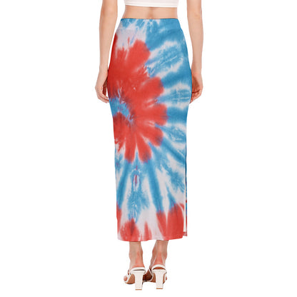 Orange And Blue Tie Dye Print Side Slit Maxi Skirt