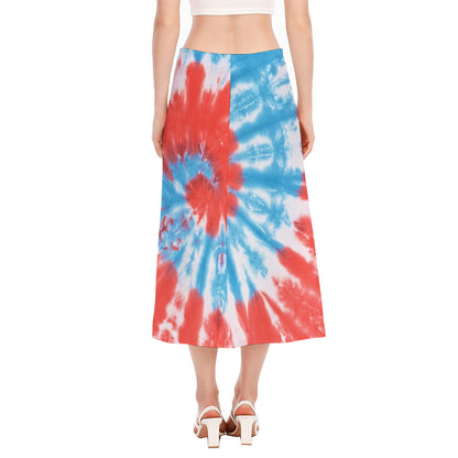 Orange And Blue Tie Dye Print Side Slit Midi Skirt