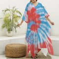 Orange And Blue Tie Dye Print Silk V-Neck Kaftan Dress